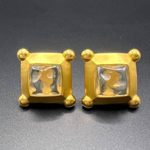 Vintage Karl Lagerfeld Clip On Earrings Gripoix Glass Gold Tone Square Signed